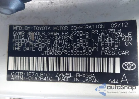 2012 Toyota Prius Plug-In Advanced z USA, uszkodzony, nr VIN JTDKN3DP9C3003260